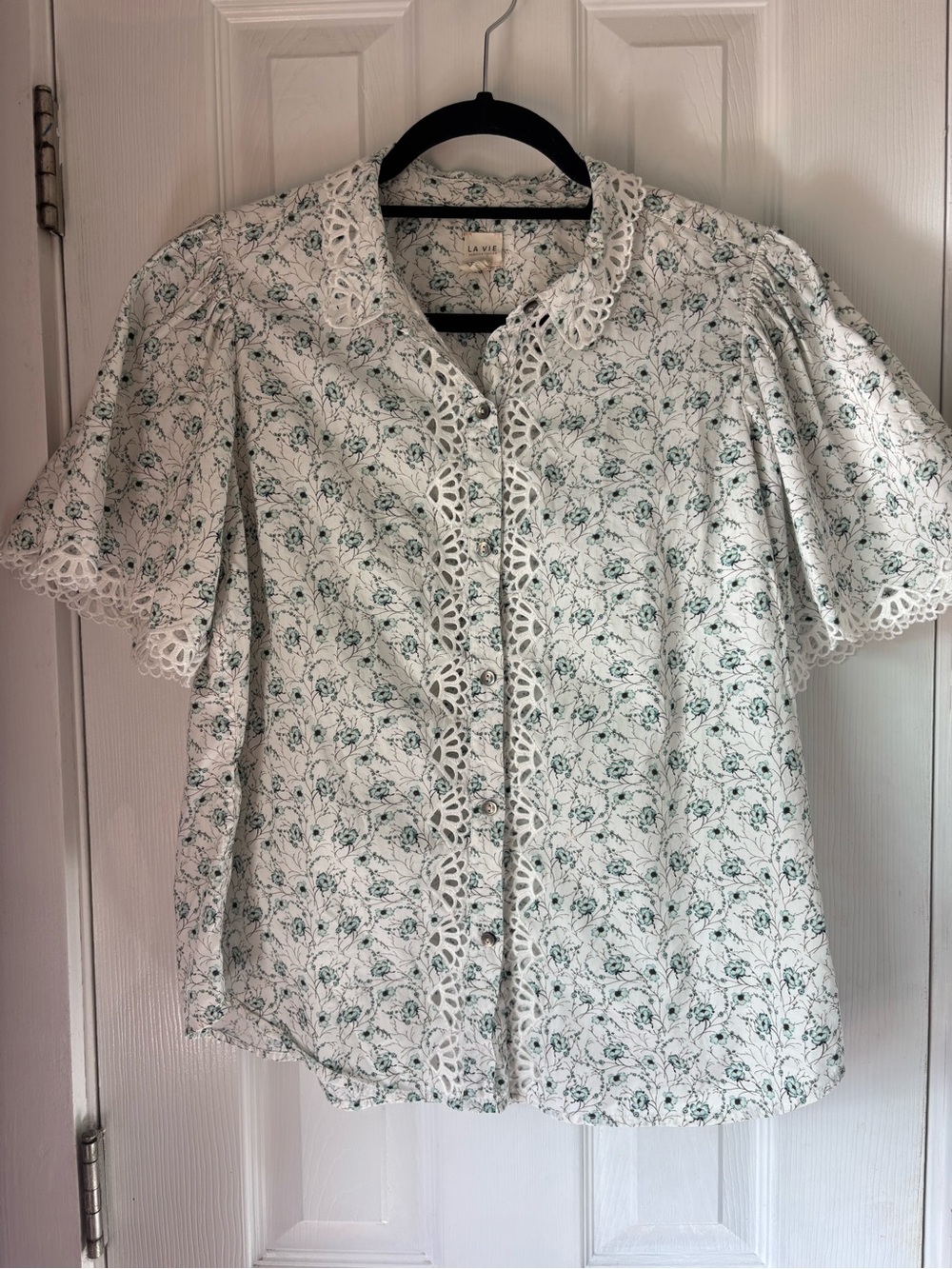 Rebecca Taylor White Blouse with Green Floral Eyelet Trim